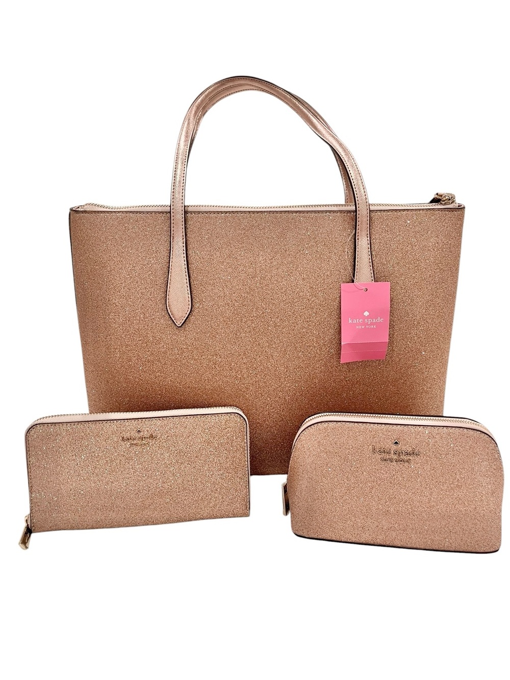 kate spade Rose Gold Glitter Tote with Wallet and Cosmetic Pouch